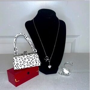 NWT Swarovski Silver Crystal Heart & Bow Lariat Y Necklace